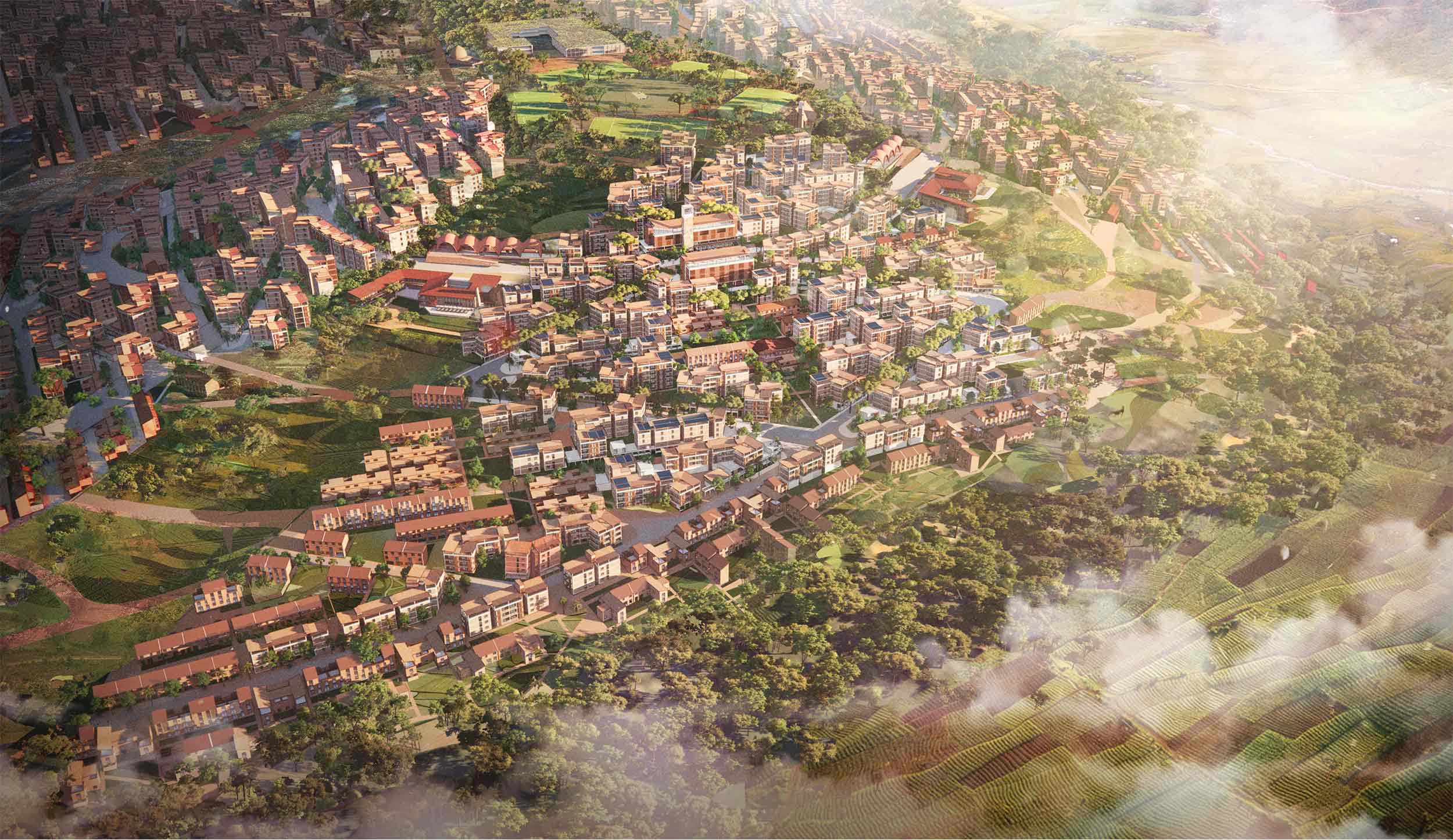 Render of Green City Kigali, Rwanda (masterplan) from above