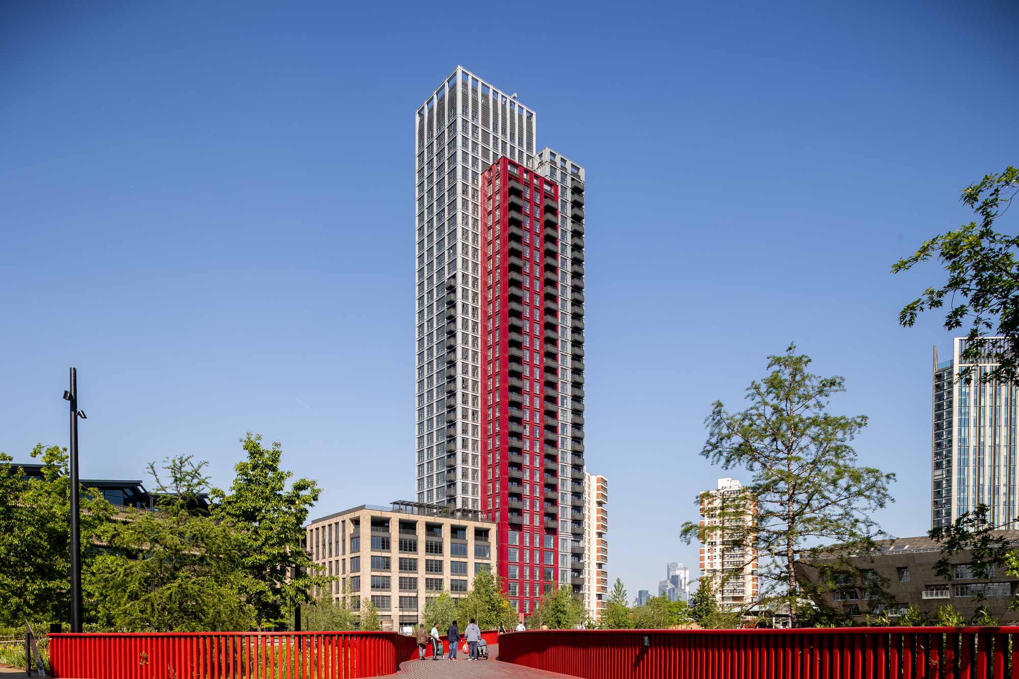 The Founding Tower, pictured with Canada waters 'Red Bridge'