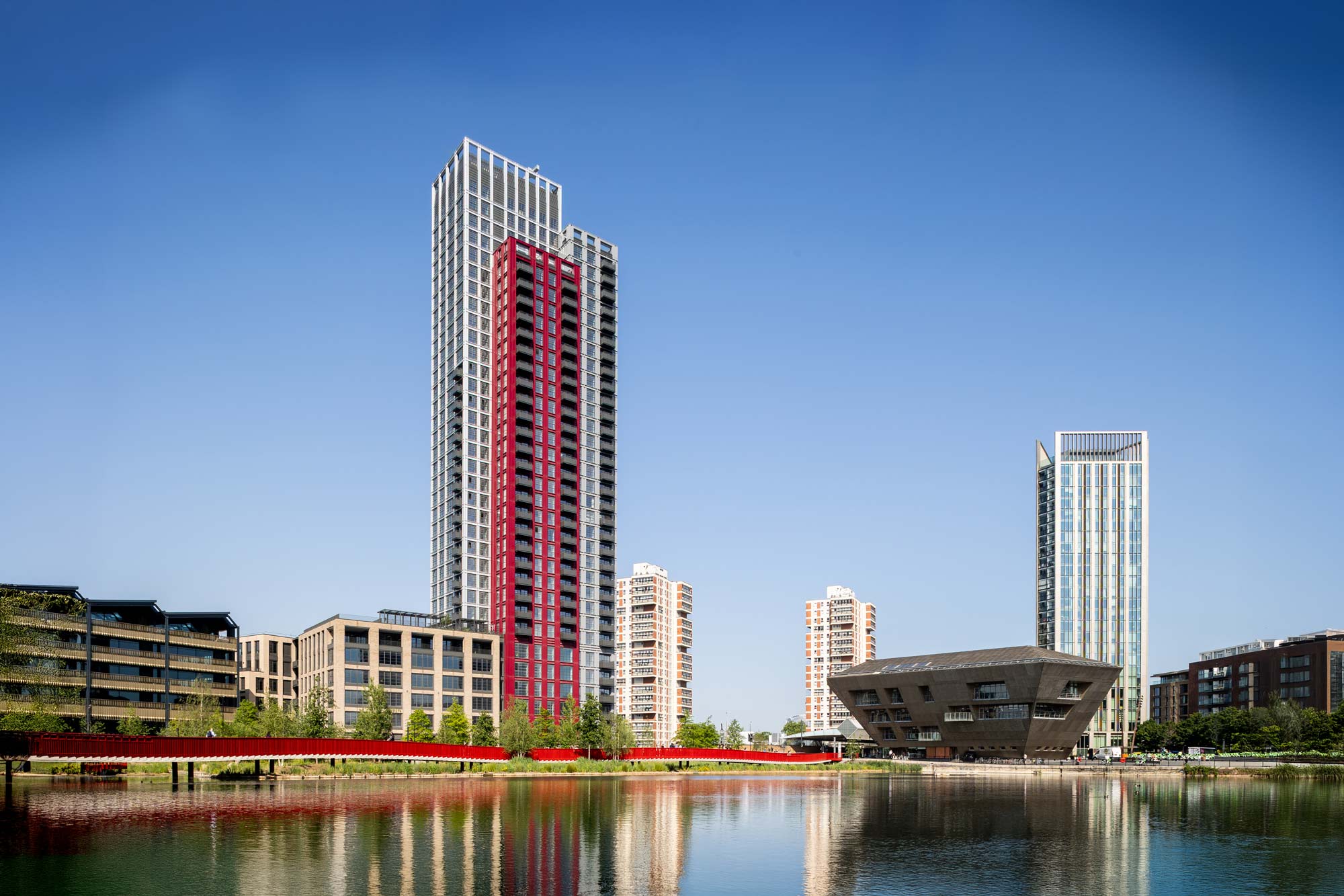 The Founding Tower, pictured with Canada waters 'Red Bridge' and AKT II's Canada Water Library Project